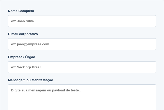 Formulário vazio de Contact com campos Nome Completo, E-mail corporativo, Empresa ou Órgão e Mensagem ou Manifestação.